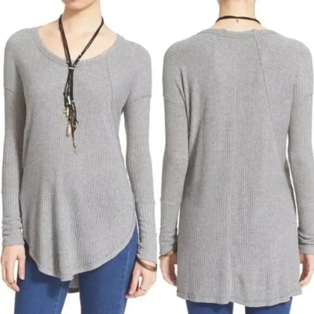 Free People Ventura Gray Waffle Knit Thermal Scoop Neck High‎ Low Top Small